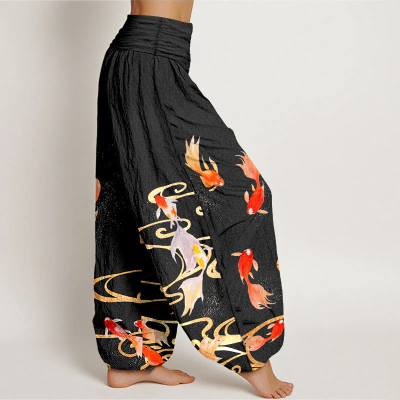 Buddha Stones Pure Cotton Koi Fish Koi Water Ripples Pattern Women's Elastic Waist Harem Pants