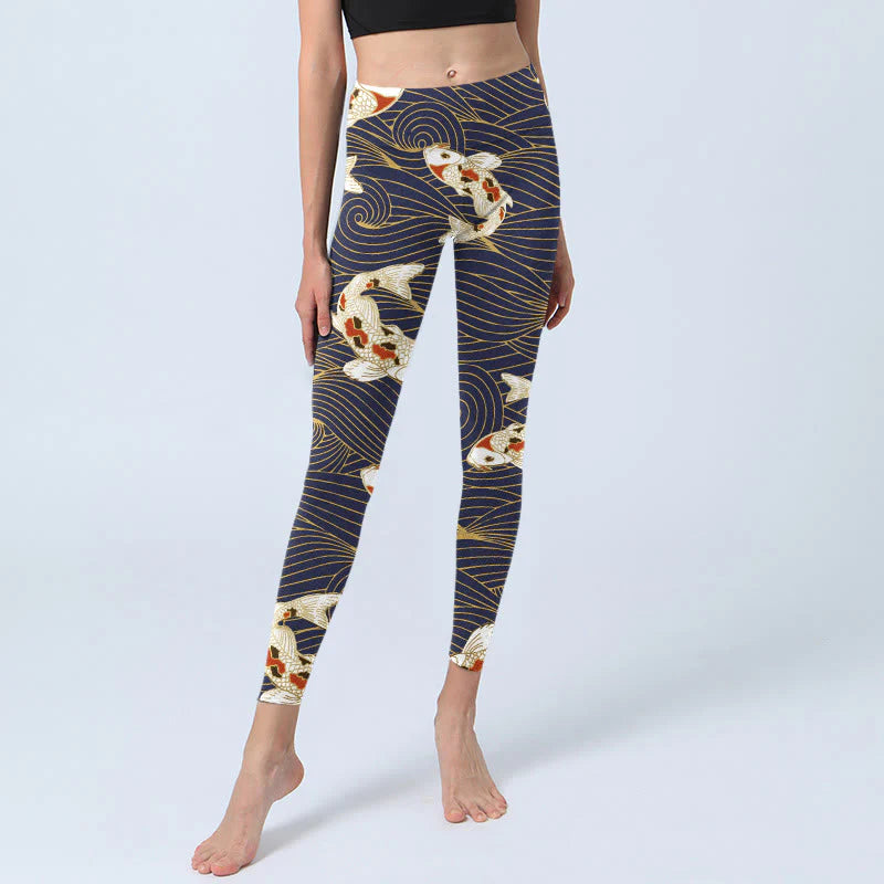 Buddha Stones White Red Koi Fish Ocean Waves Print Gym Leggings Women's Yoga Pants