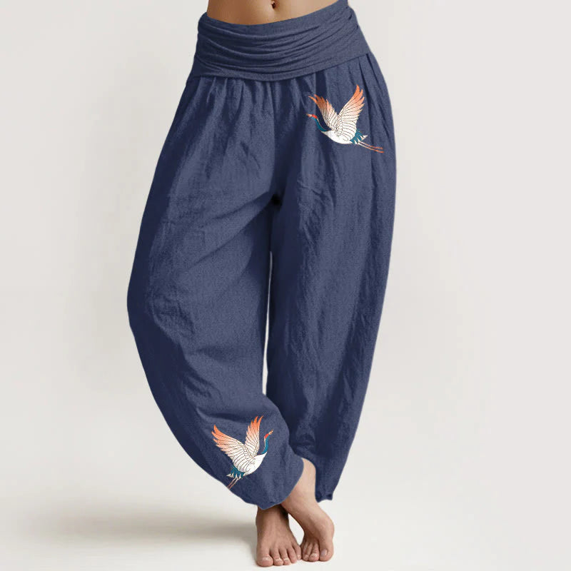 Buddha Stones Two Graceful Cranes Pattern Pure Cotton Women's Elastic Waist Harem Pants