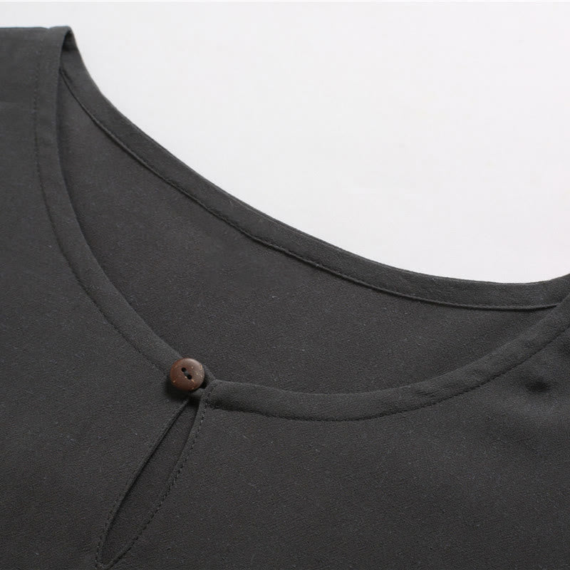 Buddha Stones Men's Solid Color Round Neck Short Sleeve CottonÂ Linen Shirt