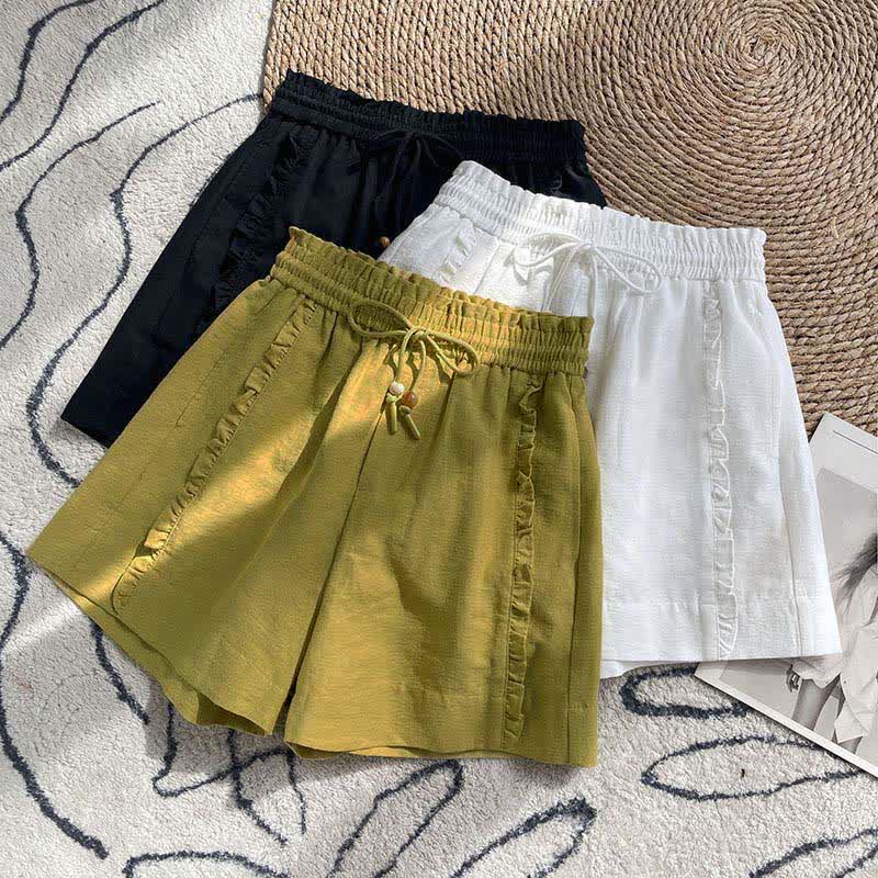 Buddha Stones Summer Drawstring Ruffle Elastic Waist Women's Shorts With Pockets