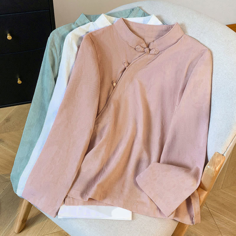 Buddha Stones Commute Jacquard Chinese Frog-Button Mandarin Collar Long Sleeve Women's Cotton Shirt