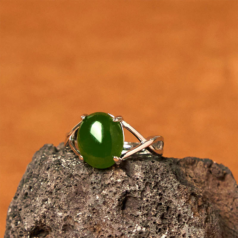 Buddha Stones Natural Jade Alloy Adjustable Buckle Abundance Ring