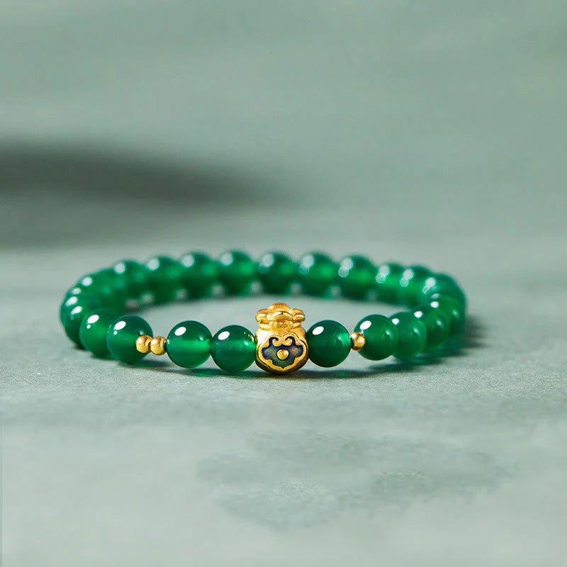 Buddha Stones 999 Sterling Silver Lucky Bag Green Chalcedony Calm Bracelet