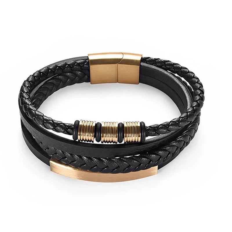Buddha Stones Fashion Titanium Steel Leather Hand Woven Magnetic Buckle Strengthen Bracelet