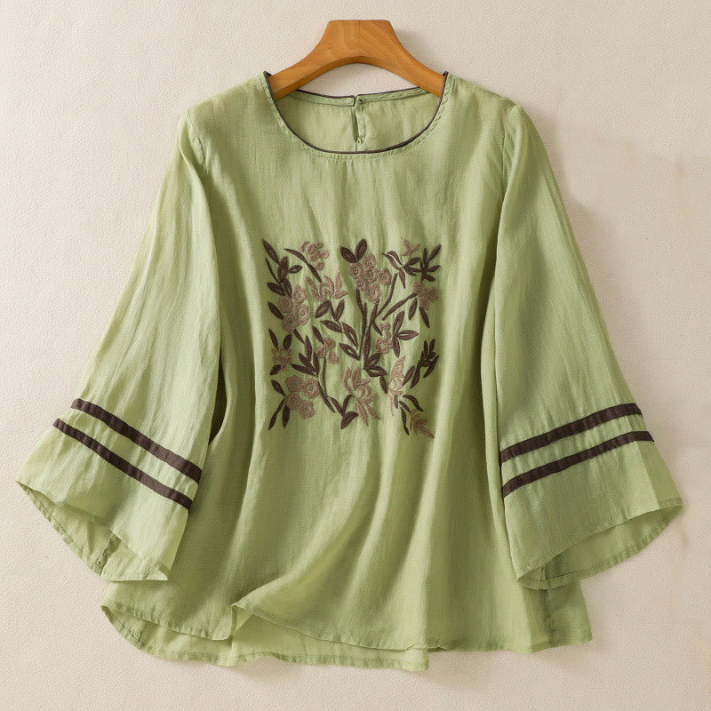 Buddha Stones Retro Embroidery Floral Three Quarter Sleeve Women's Cotton T-Shirt