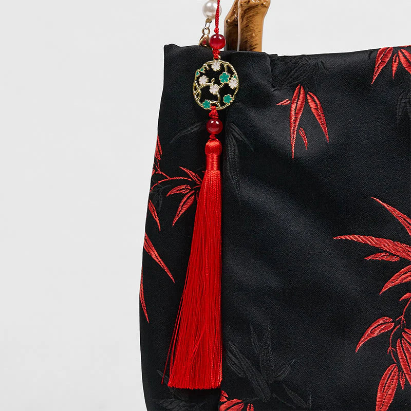 Buddha Stones Polyester Cotton Embroidery Leaves Bamboo Handle Pearl Crossbody Bag Hangbags
