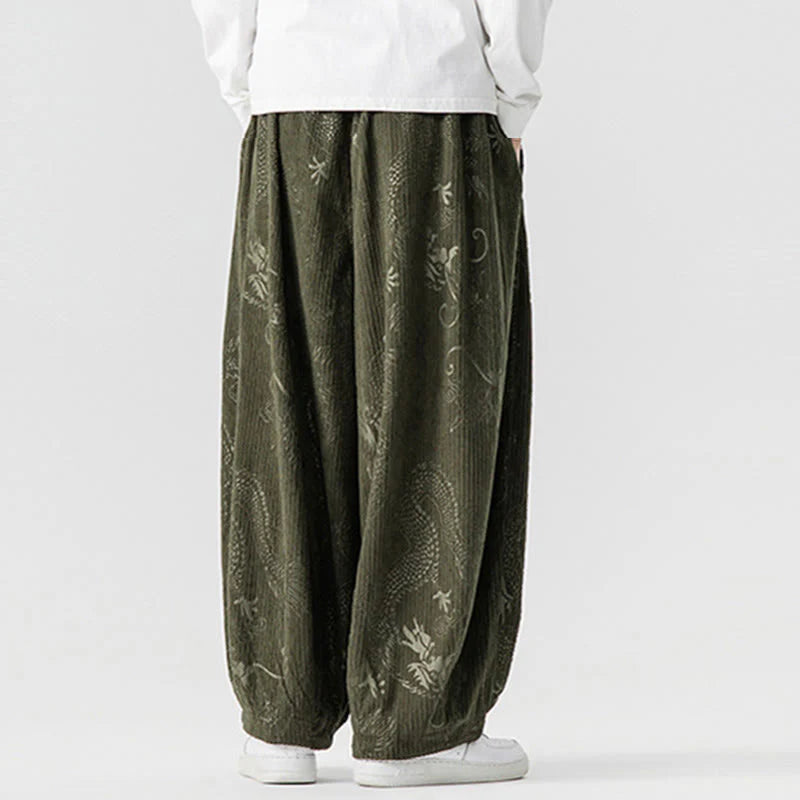 Buddha Stones Winter Dragon Phoenix Pattern Cotton Corduroy Men's Harem Pants With Pockets