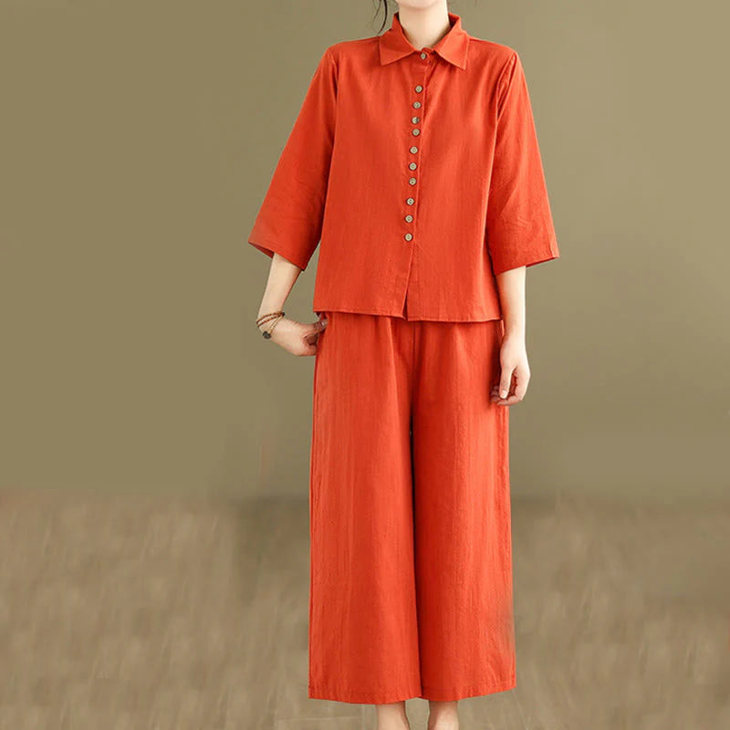Buddha Stones 2pcs Casual Women's Stand Collar Shirt Loose Pants Meditation Clothing Set