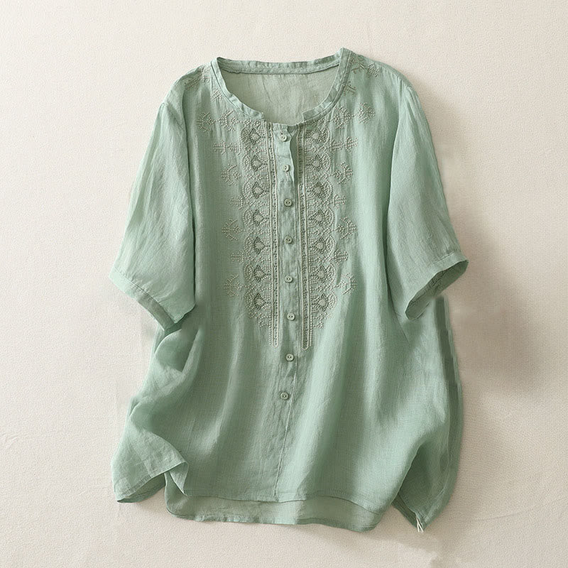 Buddha Stones Summer Floral Pattern Crew Neck Short Sleeve Women's Polyester Shirt