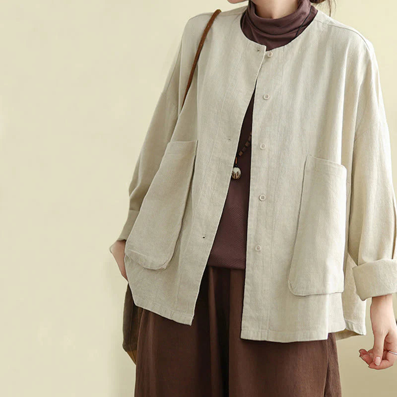Buddha Stones Plain Design Long Sleeve Women's Cotton Linen Jacket With Pockets