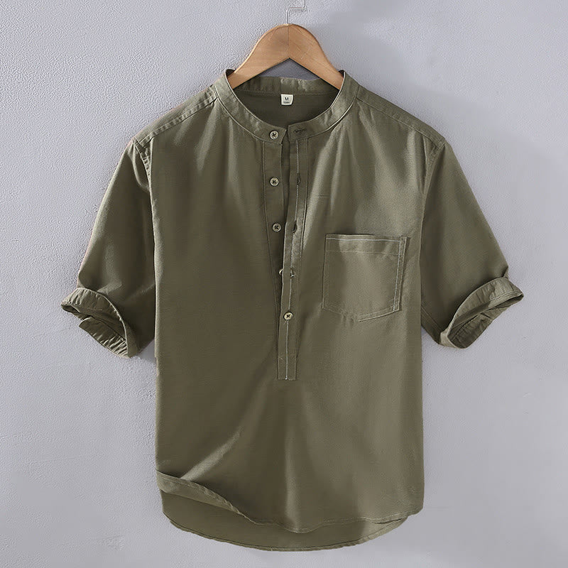 Buddha Stones Spring Pure Color Half Buttons Design Stand Collar Men's Short Sleeve Linen Shirt With Pocket