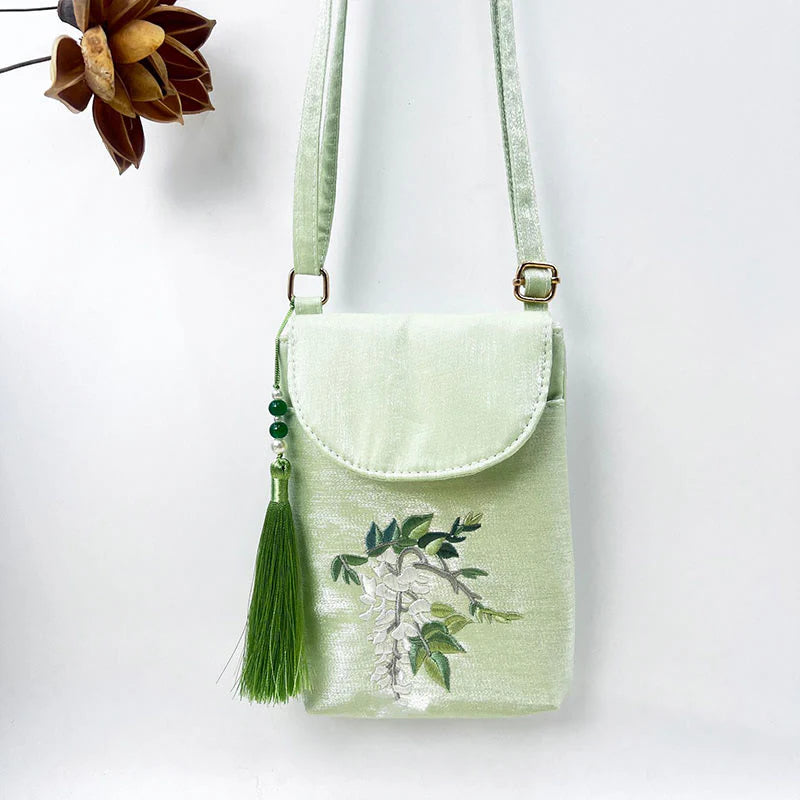 Buddha Stones Small Embroidered Flowers Crossbody Bag Shoulder Bag Double Layer Cellphone Bag