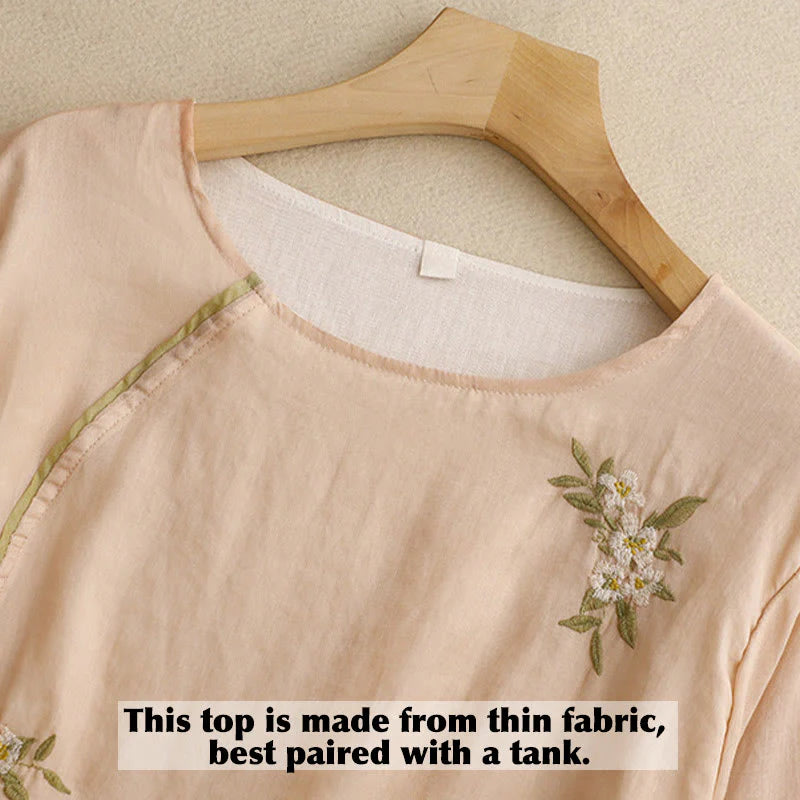 Buddha Stones Beige Floral Green Leaf Embroidery Crew Neck Three Quarter Sleeve Women's Cotton Shirt