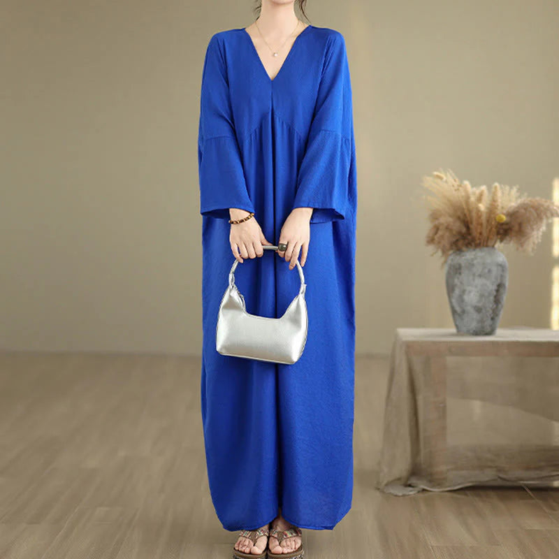 Buddha Stones Fall Pure Color V-Neck Long Sleeve Cotton Midi Dress