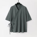 Buddha Stones Plain Lace-up Cotton Linen Men's Three Quarter Sleeve Kimono