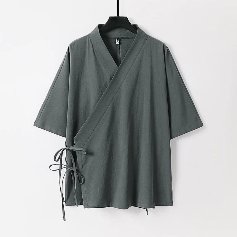 Buddha Stones Plain Lace-up Cotton Linen Men's Three Quarter Sleeve Kimono