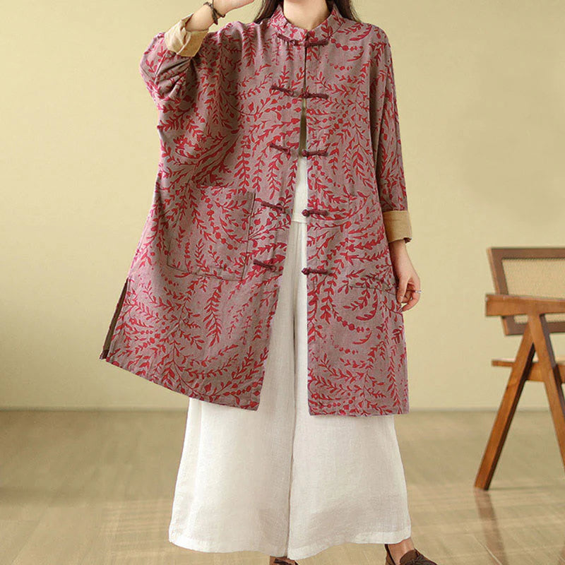 Buddha Stones Frog-button Vine Leaves Women's Coat With Pockets