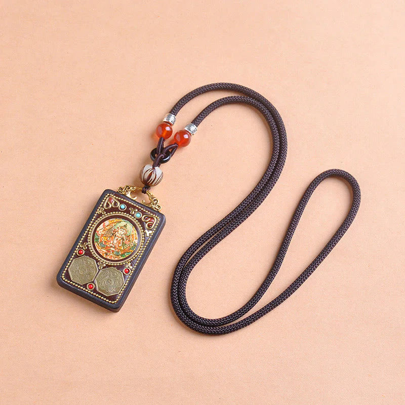 Buddha Stones Thangka Yin Yang Copper Coins Ebony Wood Zakiram Balance Pendant Necklace
