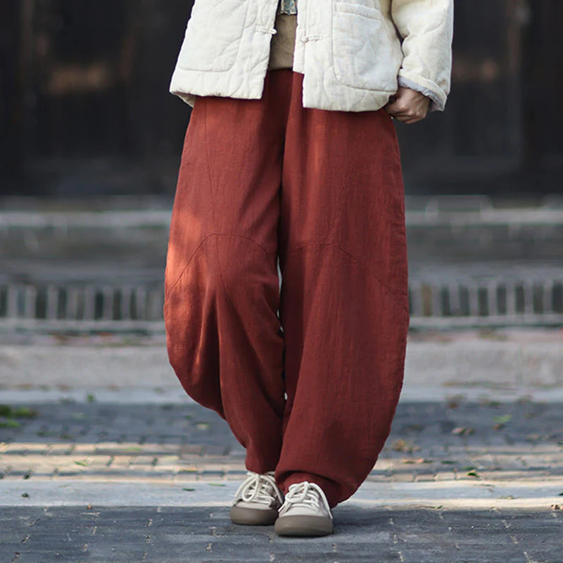 Buddha Stones Winter Elastic Waist Ramie Cotton Thermal Women's Pants With Pockets