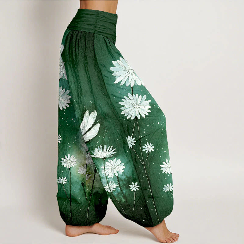 Buddha Stones Cotton Dreamy Daisy Dragonfly Pattern Women's Elastic Waist Harem Pants