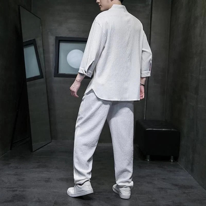 Buddha Stones Solid Color Three Quarter Sleeve Shirt Casual Pants Clothing Men's Set