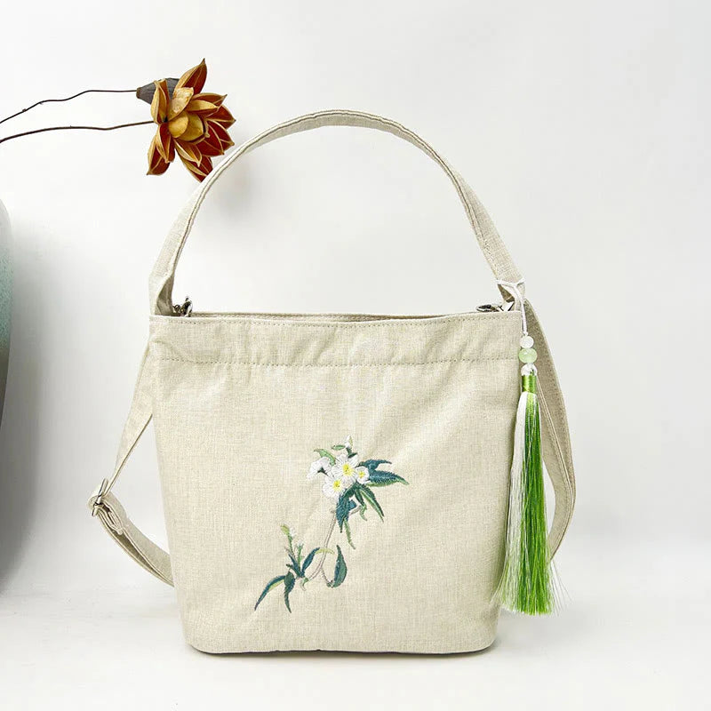 Buddha Stones Embroidery Wisteria Plum Lotus Cherry Blossom Cotton Linen Canvas Tote Crossbody Bag Shoulder Bag Handbag