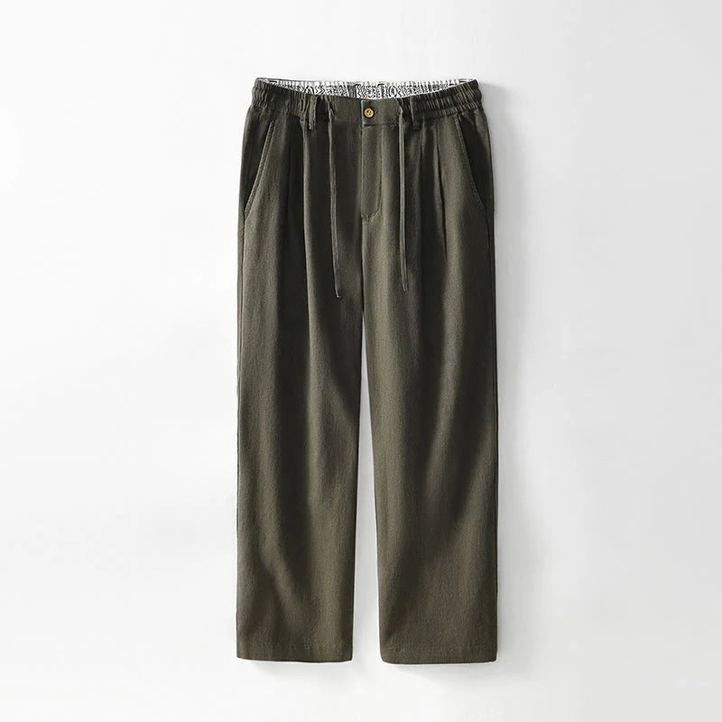 Buddha Stones Fall Solid Drawstring Zipper Men's Linen Wide Leg Pants With Pockets