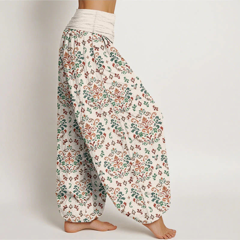 Buddha Stones Pure Cotton Retro Symmetrical Flower Leaf Pattern Women's Elastic Waist Harem Pants