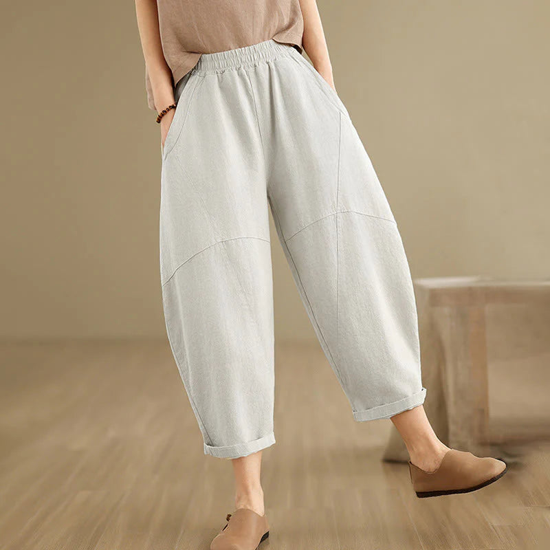 Buddha Stones Spring 7-8 Length Solid Color Women's Cotton Linen Harem Pants With Pockets