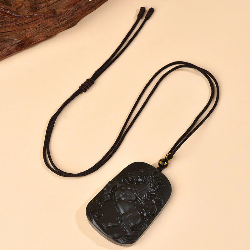 Buddha Stones Year of the Horse Natural Black Obsidian Strength Necklace Pendant