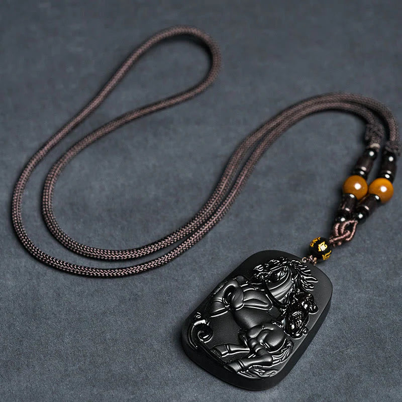 Buddha Stones Year of the Horse Monkey Pattern Om Mani Padme Hum Black Obsidian Strength Necklace Pendant