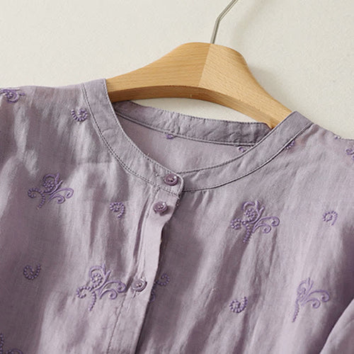 Buddha Stones Retro Embroidered Floral Short Sleeve Women's Buttons Shirt