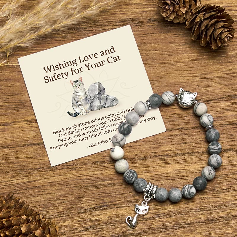 Buddha Stones Wishing Love and Safety for Your Cat Grey Tabby Bracelet Includes Gift Message Card