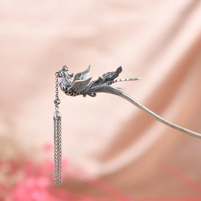 Buddha Stones 925 Sterling Silver Phoenix Tassels Protection Hairpin