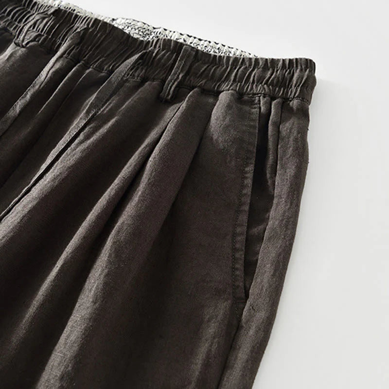 Buddha Stones Fall Solid Drawstring Elastic Waist Men's Linen Straight Leg Pants With Pockets