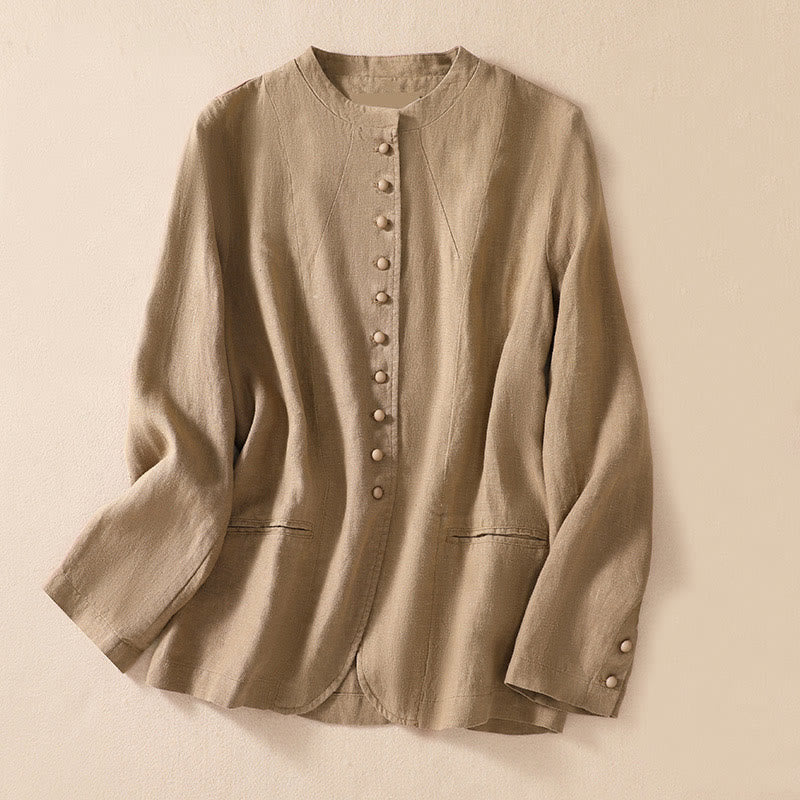 Buddha Stones Women's Cotton Linen Stand Collar Long Sleeve Shirt With Pockets