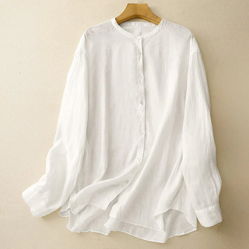 Buddha Stones Solid Color Crew Neck Buttons Design Women's Cotton Long Sleeve Shirt