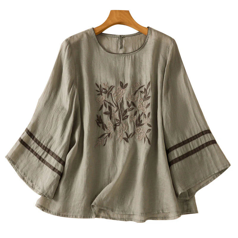 Buddha Stones Retro Embroidery Floral Three Quarter Sleeve Women's Cotton T-Shirt