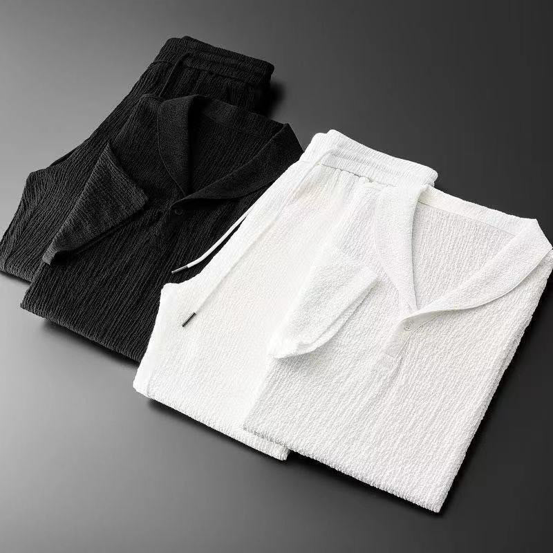 Buddha Stones 2Pcs Solid Color Wrinkle V-Neck Short Sleeve T-shirt Pants Clothing Men's Set