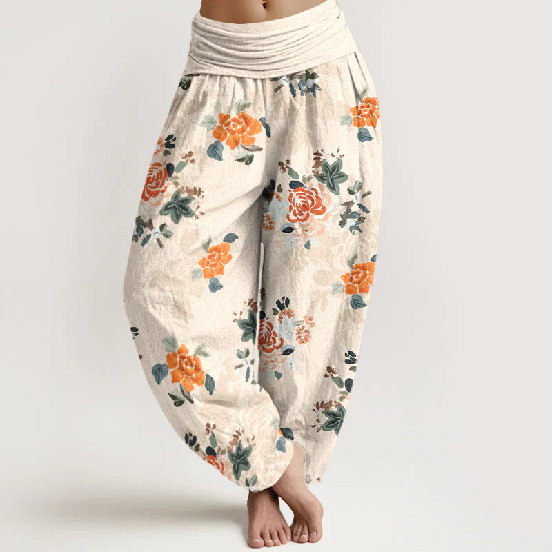 Buddha Stones Pure Cotton Vibrant Color Flowers Leaves Pattern Women's Elastic Waist Harem Pants