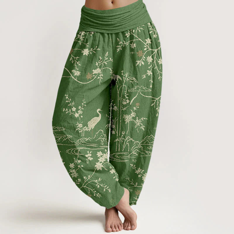 Buddha Stones Crane Floral Tree Branches Pattern Print Women's Elastic Waist Harem Pure Cotton Pants