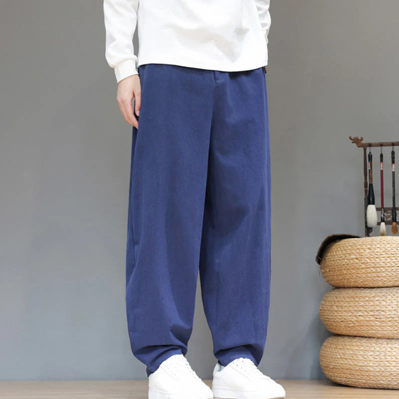 Buddha Stones Fall Sports Men's Pure Color Button Design Cotton Pants With Pockets