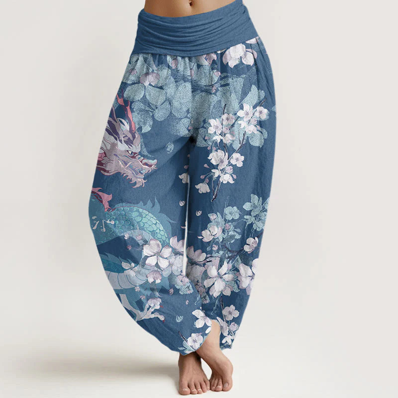Buddha Stones Cotton Casual Dragon Cherry Blossoms Women's Elastic Waist Harem Pants