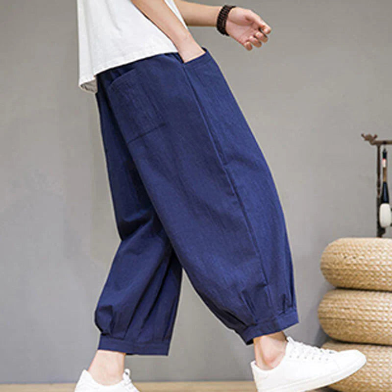 Buddha Stones Simple Cotton Men's Cropped Capri Harem Pants With Pockets
