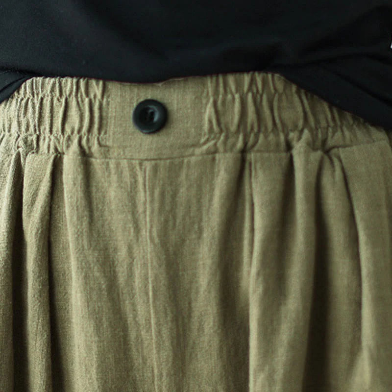 Buddha Stones Commute Button Design Women's Cotton Linen Elastic Waistband Pants With Pockets