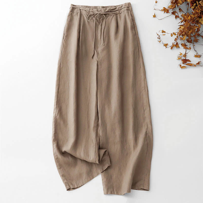 Buddha Stones Summer Plain Color Ankle-Length Drawstring Cotton Linen Women's Wide Leg Pants With Pockets Zipper