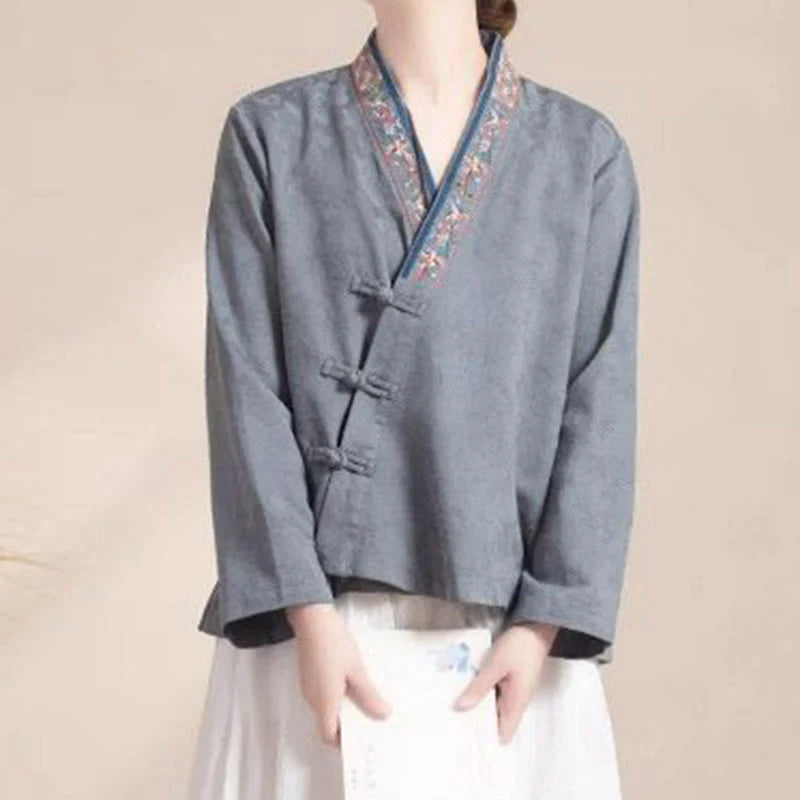 Buddha Stones Embroidered Flowers Grass Frog-Button Long Sleeve Cotton Women's Shirt