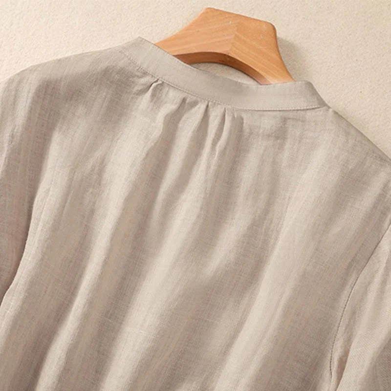 Buddha Stones Casual Daily Plain Button Ruffled Design Stand Collar Women's Cotton Linen Three Quarter Sleeve Shirt Cardigan