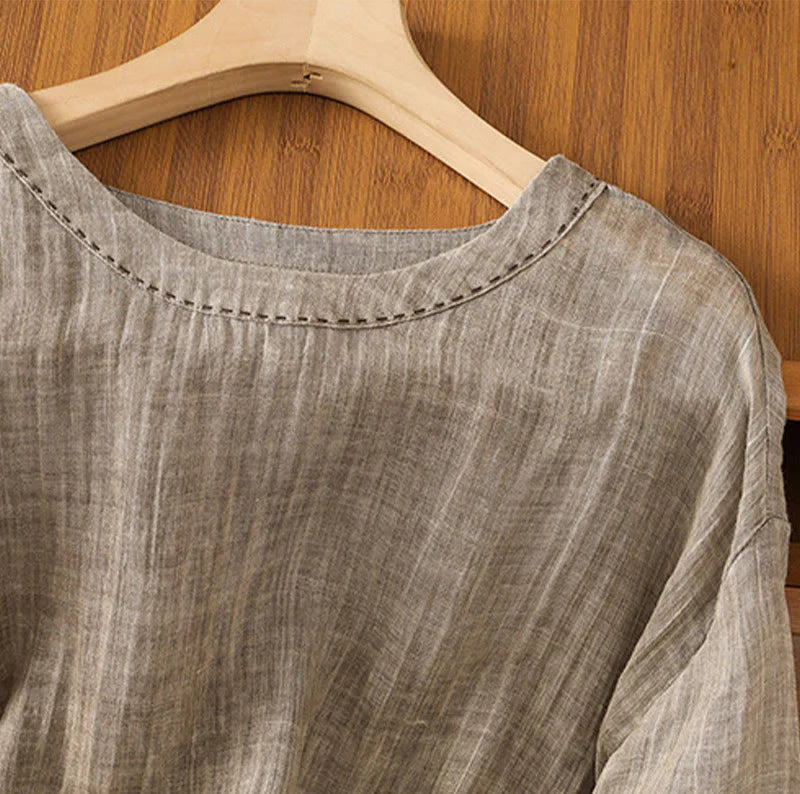 Buddha Stones Casual Summer Plain Crew Neck Women's  Cotton Linen Three Quarter Sleeve T-Shirt